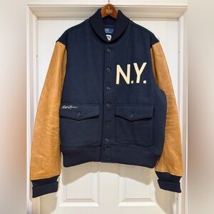 Ralph Lauren Navy Wool Varsity Jacket with Tan Leather Sleeves